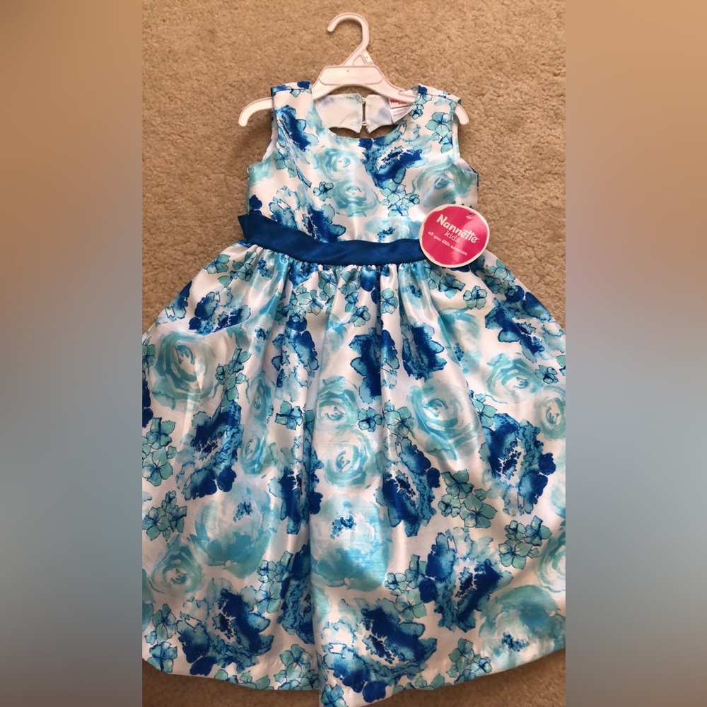 Nanette Kids Girls Party Dress Royal Blue Teal Florals Slvless Heart Shp Bck